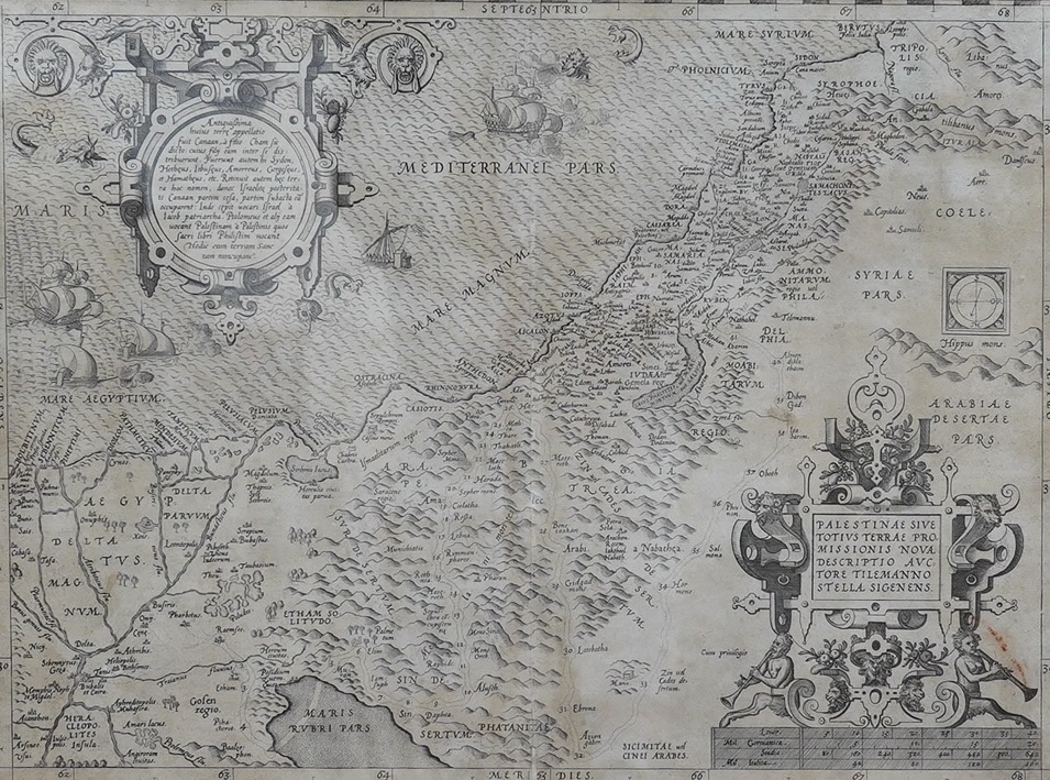 After Abraham Ortelius (1527-1598), 17/18th century engraved map of The Holy Land or Palestine, 35 x 48cm. Condition - fair